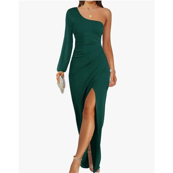 NEW 1 Shoulder Cocktail High Slit Ruched Bodycon Wedding Maxi Dress XL - Picture 1 of 6